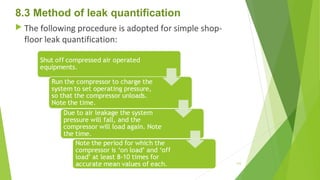 8.3 Method of leak quantification
 The following procedure is adopted for simple shop-
floor leak quantification:
112
 