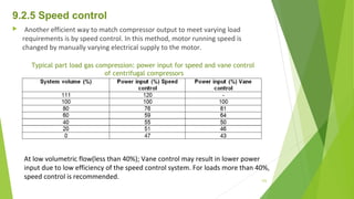 9.2.5 Speed control
  Another efficient way to match compressor output to meet varying load
requirements is by speed control. In this method, motor running speed is
changed by manually varying electrical supply to the motor.
Typical part load gas compression: power input for speed and vane control
of centrifugal compressors
At low volumetric flow(less than 40%); Vane control may result in lower power
input due to low efficiency of the speed control system. For loads more than 40%,
speed control is recommended. 125
 