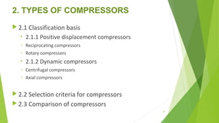 2. TYPES OF COMPRESSORS
 2.1 Classification basis
• 2.1.1 Positive displacement compressors
o Reciprocating compressors
o Rotary compressors
• 2.1.2 Dynamic compressors
o Centrifugal compressors
o Axial compressors
 2.2 Selection criteria for compressors
 2.3 Comparison of compressors
18
 