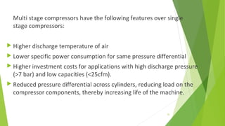 Multi stage compressors have the following features over single
stage compressors:
 Higher discharge temperature of air
 Lower specific power consumption for same pressure differential
 Higher investment costs for applications with high discharge pressure
(>7 bar) and low capacities (<25cfm).
 Reduced pressure differential across cylinders, reducing load on the
compressor components, thereby increasing life of the machine.
25
 