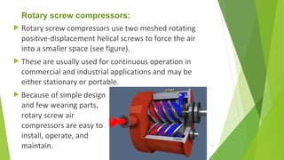 Rotary screw compressors:
 Rotary screw compressors use two meshed rotating
positive-displacement helical screws to force the air
into a smaller space (see figure).
 These are usually used for continuous operation in
commercial and industrial applications and may be
either stationary or portable.
 Because of simple design
and few wearing parts,
rotary screw air
compressors are easy to
install, operate, and
maintain. 32
 