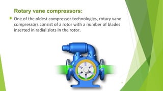 Rotary vane compressors:
 One of the oldest compressor technologies, rotary vane
compressors consist of a rotor with a number of blades
inserted in radial slots in the rotor.
34
 