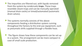  The impurities are filtered out, with liquids removed
from the system by condensate traps. These traps
resemble steam traps and can be manually operated
(manual drain cocks) or timed/automated (automatic
drain valves).
 The systems normally consists of the above
components feeding a distribution system running
throughout the factory to the end-use equipment, such
as pneumatic drills supplied through a flexible hose.
 The figure shows how these components can be set up
in a system. The arrangement can be more compact in
case of small scale production. 55
 