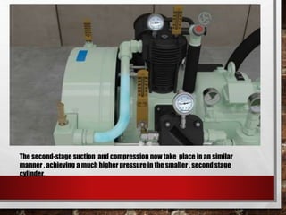 The second-stage suction and compression now take place in an similar
manner , achieving a much higher pressure in the smaller , second stage
cylinder.
 