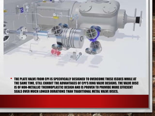 • THE PLATE VALVE FROM CPI IS SPECIFICALLY DESIGNED TO OVERCOME THESE ISSUES WHILE AT
THE SAME TIME, STILL EXHIBIT THE ADVANTAGES OF CPI'S RING VALVE DESIGNS. THE VALVE DISC
IS OF NON-METALLIC THERMOPLASTIC DESIGN AND IS PROVEN TO PROVIDE MORE EFFICIENT
SEALS OVER MUCH LONGER DURATIONS THAN TRADITIONAL METAL VALVE DISCS.
 
