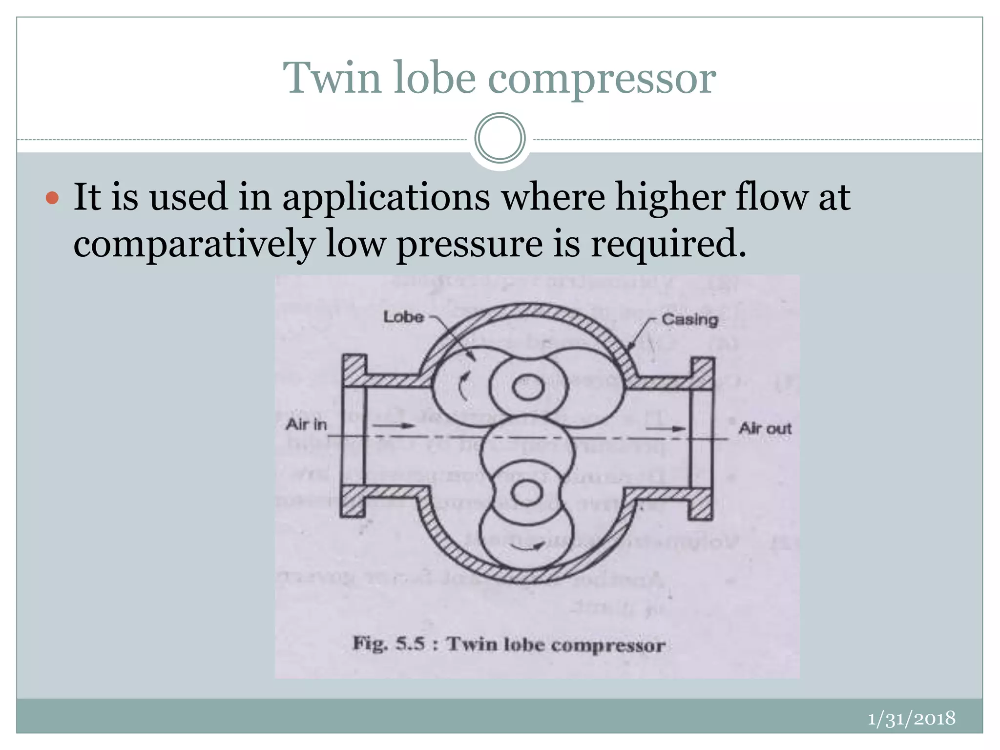 Twin lobe compressor
 It is used in applications where higher flow at
comparatively low pressure is required.
1/31/2018
 