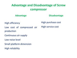 Advantage and Disadvantage of Screw
compressor
Advantage
High efficiency
Low cost of compressed air
production
Continuous air supply
Low noise level
Small platform dimension
High reliability
Disadvantage
High purchase cost
High service cost
 