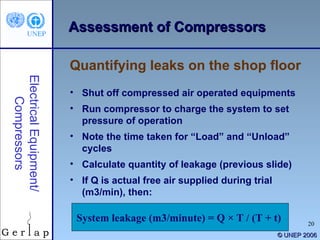 © UNEP 2006 Shut off compressed air operated equipments  Run compressor to charge the system to set pressure of operation  Note the time taken for “Load” and “Unload” cycles Calculate quantity of leakage (previous slide) If Q is actual free air supplied during trial (m3/min), then: Quantifying leaks on the shop floor Assessment of Compressors Electrical Equipment/ Compressors System leakage (m3/minute) = Q × T / (T + t)   