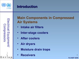 © UNEP 2006 Intake air filters Inter-stage coolers After coolers Air dryers Moisture drain traps Receivers Main Components in Compressed Air Systems Introduction Electrical Equipment/ Compressors 