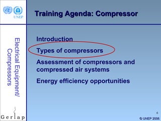© UNEP 2006 Training Agenda: Compressor Electrical Equipment/ Compressors Introduction Types of compressors Assessment of compressors and compressed air systems Energy efficiency opportunities 