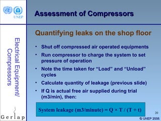 © UNEP 2006 <ul><li>Shut off compressed air operated equipments  </li></ul><ul><li>Run compressor to charge the system to ...