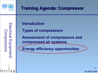 © UNEP 2006 Training Agenda: Compressor Electrical Equipment/ Compressors Introduction Types of compressors Assessment of ...