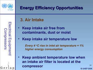 © UNEP 2006 3. Air Intake Electrical Equipment/ Compressors <ul><li>Keep intake air free from contaminants, dust or moist ...