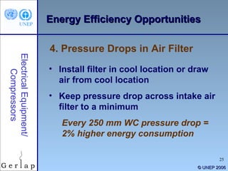 © UNEP 2006 4. Pressure Drops in Air Filter Electrical Equipment/ Compressors <ul><li>Install filter in cool location or d...