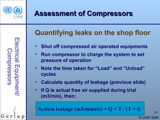 Assessment of Compressors

                        Quantifying leaks on the shop floor
Electrical Equipment/




                        • Shut off compressed air operated equipments
    Compressors




                        • Run compressor to charge the system to set
                          pressure of operation
                        • Note the time taken for “Load” and “Unload”
                          cycles
                        • Calculate quantity of leakage (previous slide)
                        • If Q is actual free air supplied during trial
                          (m3/min), then:

                         System leakage (m3/minute) = Q × T / (T + t)             20
                                                                          © UNEP 2006
 