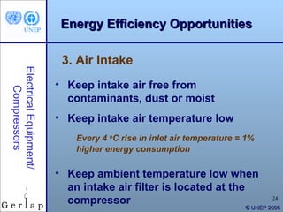 Energy Efficiency Opportunities

                         3. Air Intake
Electrical Equipment/




                        • Keep intake air free from
    Compressors




                          contaminants, dust or moist
                        • Keep intake air temperature low
                            Every 4 oC rise in inlet air temperature = 1%
                            higher energy consumption

                        • Keep ambient temperature low when
                          an intake air filter is located at the
                          compressor                                          24
                                                                      © UNEP 2006
 