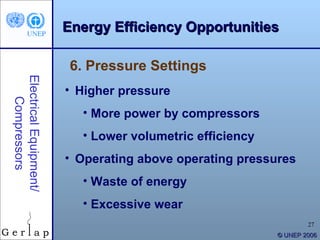 Energy Efficiency Opportunities

                         6. Pressure Settings
Electrical Equipment/




                        • Higher pressure
    Compressors




                          • More power by compressors
                          • Lower volumetric efficiency
                        • Operating above operating pressures
                          • Waste of energy
                          • Excessive wear
                                                                  27
                                                          © UNEP 2006
 