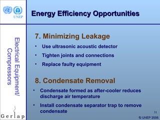 Energy Efficiency Opportunities


                            7. Minimizing Leakage
Electrical Equipment/




                            •   Use ultrasonic acoustic detector
    Compressors




                            •   Tighten joints and connections
                            •   Replace faulty equipment


                            8. Condensate Removal
                        •       Condensate formed as after-cooler reduces
                                discharge air temperature
                        •       Install condensate separator trap to remove
                                condensate                                       31
                                                                         © UNEP 2006
 