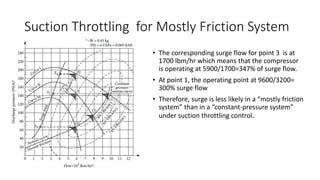 Suction Throttling for Mostly Friction System
• The corresponding surge flow for point 3 is at
1700 lbm/hr which means that the compressor
is operating at 5900/1700=347% of surge flow.
• At point 1, the operating point at 9600/3200=
300% surge flow
• Therefore, surge is less likely in a “mostly friction
system” than in a “constant-pressure system”
under suction throttling control.
 
