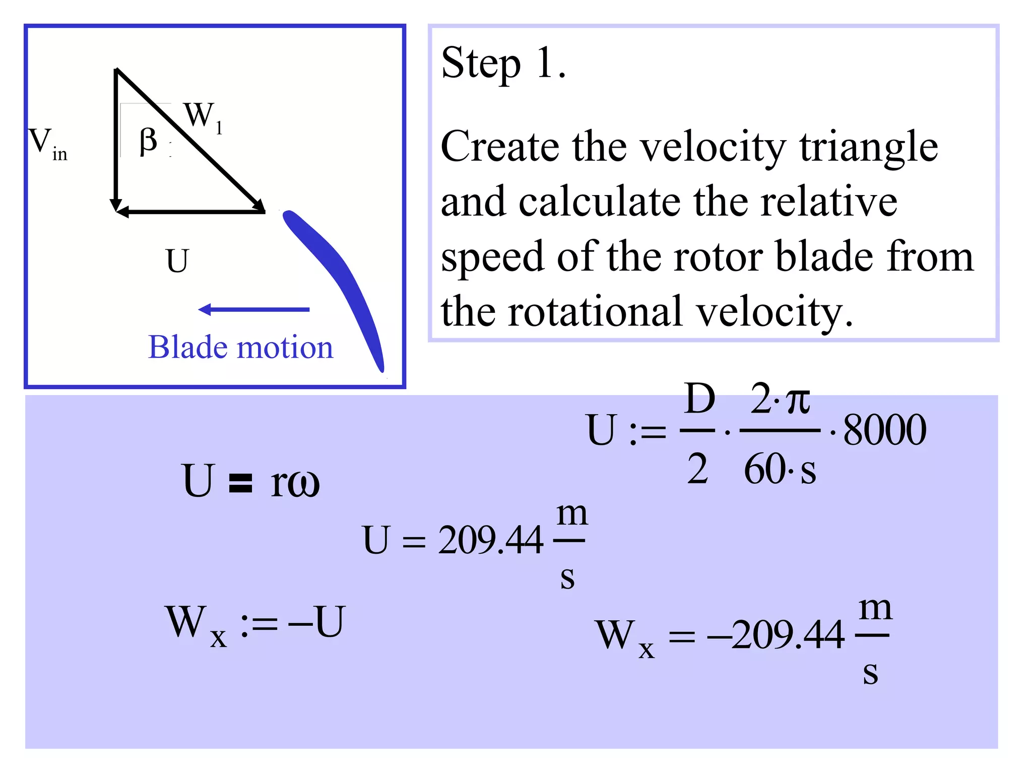 Step 1.
Vin

β1

W1

U
Blade motion

U

Create the velocity triangle
and calculate the relative
speed of the rotor blade from
the rotational velocity.
D 2⋅ π
U := ⋅
⋅ 8000
2 60⋅ s

rω
U = 209.44

W x := −U

m
s

W x = −209.44

m
s

 