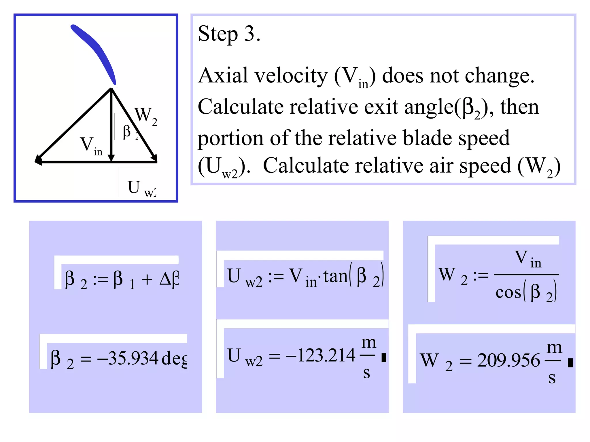Step 3.

W2

Vin

β2

U w2

β 2 := β 1 + ∆β

β 2 = −35.934 deg

Axial velocity (Vin) does not change.
Calculate relative exit angle(β2), then
portion of the relative blade speed
(Uw2). Calculate relative air speed (W2)

( 2)

U w2 := V in⋅ tan β

U w2 = −123.214

m
s

W 2 :=

W

2

V in

( )

cos β 2

= 209.956

m
s

 