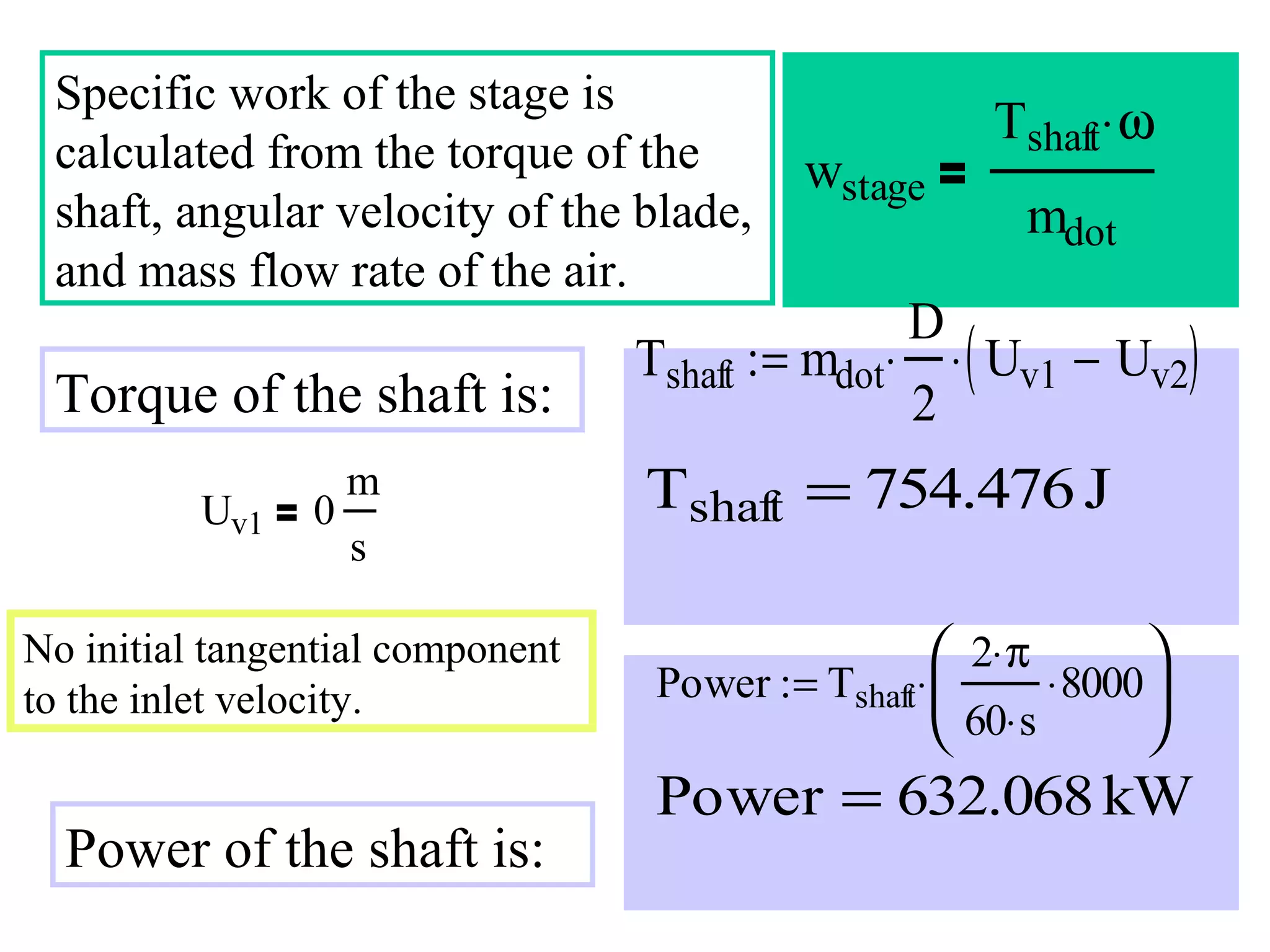 Specific work of the stage is
calculated from the torque of the
shaft, angular velocity of the blade,
and mass flow rate of the air.

Torque of the shaft is:
Uv1

0

m
s

No initial tangential component
to the inlet velocity.

Power of the shaft is:

wstage

Tshaft := mdot⋅

D
2

Tshaft⋅ ω
mdot
⋅ ( Uv1 − Uv2)

Tshaft = 754.476 J
 2⋅ π ⋅ 8000 
Power := Tshaft⋅ 

 60⋅ s


Power = 632.068 kW

 