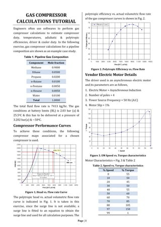 Page | 1
GAS COMPRESSOR
CALCULATIONS TUTORIAL
Engineers often use softwares to perform gas
compressor calculations to estimate compressor
duty, temperatures, adiabatic & polytropic
efficiencies, driver & cooler duty. In the following
exercise, gas compressor calculations for a pipeline
composition are shown as an example case study.
Table 1. Pipeline Gas Composition
Component Mole fraction
Methane 0.9000
Ethane 0.0500
Propane 0.0200
n-Butane 0.0100
n-Pentane 0.0050
n-Hexane 0.0050
Water 0.0100
Total 1.0000
The total fluid flow rate is 7413 kg/hr. The gas
conditions at battery limits (BL) is 2.03 bar (a) &
25.50C & this has to be delivered at a pressure of
3.202 bar(a) & ~500C.
Compressor Performance Curves
To achieve these conditions, the following
compressor maps associated for a chosen
compressor is used.
Figure 1. Head vs. Flow rate Curve
The polytropic head vs. actual volumetric flow rate
curve is indicated in Fig. 1. It is taken in this
exercise, since the surge line is not available; a
surge line is fitted to an equation to obtain the
surge line and used for all calculation purposes. The
polytropic efficiency vs. actual volumetric flow rate
of the gas compressor curves is shown in Fig. 2.
Figure 2. Polytropic Efficiency vs. Flow Rate
Vendor Electric Motor Details
The driver used is an asynchronous electric motor
and its parameters are as follows,
1. Electric Motor = Asynchronous Induction
2. Number of poles = 4
3. Power Source Frequency = 50 Hz (A.C)
4. Motor Slip = 1%
Figure 3. EM Speed vs. Torque characteristics
Motor Characteristics = Fig. 3 & Table 2
Table 2. Speed vs. Torque characteristics
% Speed % Torque
0 55
10 50
20 45
30 50
40 55
50 60
60 70
70 85
80 105
97 150
99 1
 