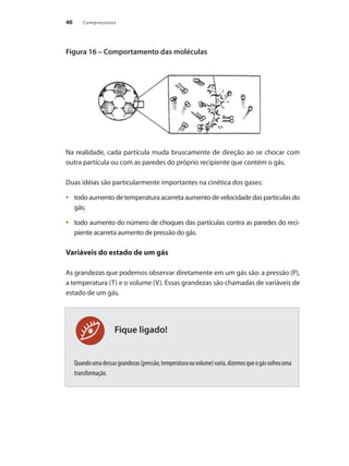 Compressores40
Fique ligado!
Figura 16 – Comportamento das moléculas
Na realidade, cada partícula muda bruscamente de direção ao se chocar com
outra partícula ou com as paredes do próprio recipiente que contém o gás.
Duas idéias são particularmente importantes na cinética dos gases:
todo aumento de temperatura acarreta aumento de velocidade das partículas do•	
gás;
todo aumento do número de choques das partículas contra as paredes do reci-•	
piente acarreta aumento de pressão do gás.
Variáveis do estado de um gás
As grandezas que podemos observar diretamente em um gás são: a pressão (P),
a temperatura (T) e o volume (V). Essas grandezas são chamadas de variáveis de
estado de um gás.
Quandoumadessasgrandezas(pressão,temperaturaouvolume)varia,dizemosqueogássofreuuma
transformação.
Compressores.indd 40 9/12/2008 16:41:00
 
