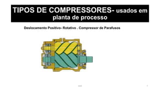 eteX 7
TIPOS DE COMPRESSORES- usados em
planta de processo
Deslocamento Positivo- Rotativo . Compressor de Parafusos
 