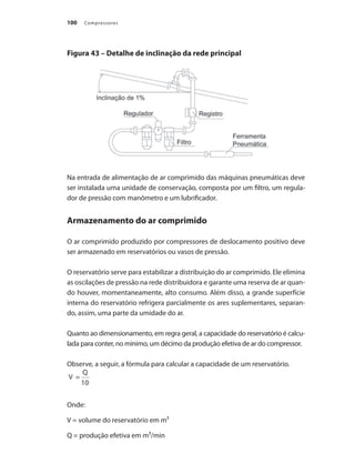 Compressores
100
Figura 43 – Detalhe de inclinação da rede principal
Na entrada de alimentação de ar comprimido das máquinas pneumáticas deve
ser instalada uma unidade de conservação, composta por um filtro, um regula-
dor de pressão com manômetro e um lubrificador.
Armazenamento do ar comprimido
O ar comprimido produzido por compressores de deslocamento positivo deve
ser armazenado em reservatórios ou vasos de pressão.
O reservatório serve para estabilizar a distribuição do ar comprimido. Ele elimina
as oscilações de pressão na rede distribuidora e garante uma reserva de ar quan-
do houver, momentaneamente, alto consumo. Além disso, a grande superfície
interna do reservatório refrigera parcialmente os ares suplementares, separan-
do, assim, uma parte da umidade do ar.
Quanto ao dimensionamento, em regra geral, a capacidade do reservatório é calcu-
lada para conter, no mínimo, um décimo da produção efetiva de ar do compressor.
Observe, a seguir, a fórmula para calcular a capacidade de um reservatório.
Onde:
V = volume do reservatório em m³
Q = produção efetiva em m³/min
Compressores.indd 100 9/12/2008 16:41:51
 