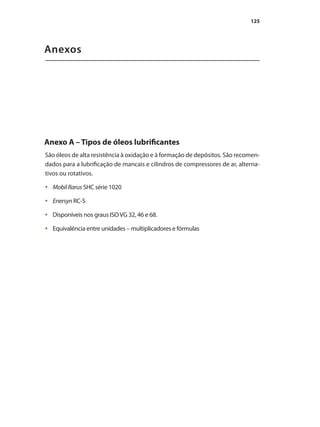 125
Anexos
Anexo A – Tipos de óleos lubrificantes
São óleos de alta resistência à oxidação e à formação de depósitos. São recomen-
dados para a lubrificação de mancais e cilindros de compressores de ar, alterna-
tivos ou rotativos.
MobilRarus
•	 SHC série 1020
Enersyn
•	 RC-S
Disponíveis nos graus ISOVG 32, 46 e 68.
•	
Equivalência entre unidades – multiplicadores e fórmulas
•	
Compressores.indd 125 9/12/2008 16:42:03
 