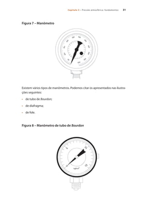 31
Capítulo 3 – Pressão atmosférica: fundamentos
Figura 7 – Manômetro
Existem vários tipos de manômetros. Podemos citar os apresentados nas ilustra-
ções seguintes:
	 de tubo de
•	 Bourdon;
	 de diafragma;
•	
	 de fole.
•	
Figura 8 – Manômetro de tubo de Bourdon
Compressores.indd 31 9/12/2008 16:40:51
 