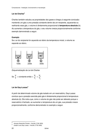 Compressores - Instalação, funcionamento e manutenção
SENAI
22
Lei de Charles3
Charles também estudou as propriedades dos gases e chegou à seguinte conclusão:
mantendo um gás a uma pressão constante dentro de um recipiente, aquecendo ou
resfriando esse gás, o volume é diretamente proporcional à temperatura absoluta (k).
Ao aumentar a temperatura do gás, o seu volume cresce proporcionalmente conforme
exemplo demonstrado a seguir.
Exemplo
Se o ar do recipiente for aquecido ao dobro da temperatura inicial, o volume se
expande ao dobro.
Esquematização da Lei de Charles
Se
T
V
= constante então =
1
1
T
V
=
2
2
T
V
Lei de Gay-Lussac4
A partir de determinado volume de gás isolado em um reservatório, Gay-Lussac
concluiu que a pressão exercida pelo gás é diretamente proporcional à temperatura
absoluta (k). Ele notou que, como o volume do gás não pode ser alterado porque o
reservatório é fechado, ao aumentar a temperatura de um gás, sua pressão cresce
proporcionalmente, conforme demonstrado no exemplo a seguir.
3
Jacques Alexandre Charles – francês (1746-1823).
4
Joseph Louis Gay Lussac – francês (1778-1850).
 