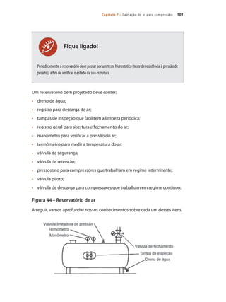 101Capítulo 7 – Captação de ar para compressão
Fique ligado!
Periodicamenteoreservatóriodevepassarporumtestehidrostático(testederesistênciaàpressãode
projeto), a fim de verificar o estado da sua estrutura.
Um reservatório bem projetado deve conter:
	 dreno de água;•	
	 registro para descarga de ar;•	
	 tampas de inspeção que facilitem a limpeza periódica;•	
	 registro geral para abertura e fechamento do ar;•	
	 manômetro para verificar a pressão do ar;•	
	 termômetro para medir a temperatura do ar;•	
	 válvula de segurança;•	
	 válvula de retenção;•	
	 pressostato para compressores que trabalham em regime intermitente;•	
	 válvula piloto;•	
	 válvula de descarga para compressores que trabalham em regime contínuo.•	
Figura 44 – Reservatório de ar
A seguir, vamos aprofundar nossos conhecimentos sobre cada um desses ítens.
Compressores.indd 101 9/12/2008 16:41:52
 