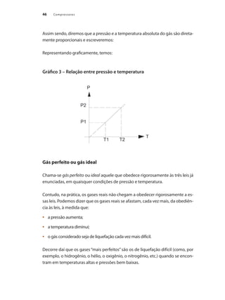 Compressores46
Assim sendo, diremos que a pressão e a temperatura absoluta do gás são direta-
mente proporcionais e escreveremos:
Representando graficamente, temos:
Gráfico 3 – Relação entre pressão e temperatura
Gás perfeito ou gás ideal
Chama-se gás perfeito ou ideal aquele que obedece rigorosamente às três leis já
enunciadas, em quaisquer condições de pressão e temperatura.
Contudo, na prática, os gases reais não chegam a obedecer rigorosamente a es-
sas leis. Podemos dizer que os gases reais se afastam, cada vez mais, da obediên-
cia às leis, à medida que:
a pressão aumenta;•	
a temperatura diminui;•	
o gás considerado seja de liquefação cada vez mais difícil.•	
Decorre daí que os gases “mais perfeitos” são os de liquefação difícil (como, por
exemplo, o hidrogênio, o hélio, o oxigênio, o nitrogênio, etc.) quando se encon-
tram em temperaturas altas e pressões bem baixas.
Compressores.indd 46 9/12/2008 16:41:05
 