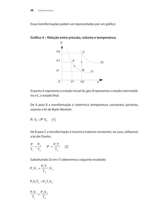 Compressores48
Essas transformações podem ser representadas por um gráfico:
Gráfico 4 – Relação entre pressão, volume e temperatura
O ponto A representa o estado inicial do gás; B representa o estado intermediá-
rio e C, o estado final.
De A para B a transformação é isotérmica (temperatura constante); portanto,
usamos a lei de Boyle-Mariotte:
De B para C a transformação é isocórica (volume constante); no caso, utilizamos
a lei de Charles:
Substituindo (2) em (1) obteremos o seguinte resultado:
Compressores.indd 48 9/12/2008 16:41:07
 