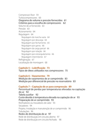 Compressor Root 59
Turbocompressores 60
Diagrama de volume e pressão fornecidos 61
Critérios para a escolha de compressores 62
Volume de ar fornecido 63
Pressão 63
Acionamento 64
Regulagem 64
Regulagem de marcha vazia 64
Regulagem por descarga 64
Regulagem por fechamento 65
Regulagem por garras 66
Regulagem de carga parcial 66
Regulagem por rotação 66
Regulagem por estrangulamento 66
Regulagem intermitente 67
Refrigeração 67
Localização de montagem 68
Capítulo 5 – Lubrificação 73
Tipos de óleos utilizados nos compressores 75
Capítulo 6 – Vazamentos 79
Medição de vazamentos de ar comprimido 83
Medição por diferencial de pressão no reservatório 83
Capítulo 7 – Captação de ar para compressão 89
Percentual de perdas por temperaturas elevadas na captação
do ar 92
Tabela auxiliar 92
Custo devido à temperatura elevada na captação de ar 93
Preparação de ar comprimido 93
Resfriadores ou trocadores de calor 93
Secadores 94
Projeto, instalação e manutenção de ar comprimido 96
Tubulações 96
Redes de distribuição de ar 97
Rede de distribuição em circuito aberto 97
Rede de distribuição em circuito fechado 98
Compressores.indd 6 9/12/2008 16:40:14
 