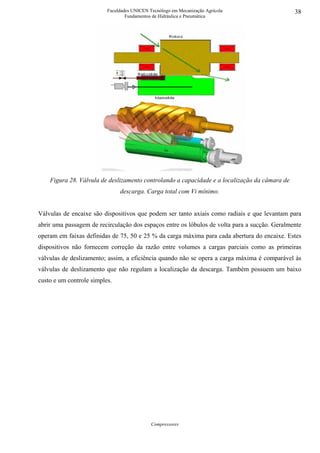 Faculdades UNICEN Tecnólogo em Mecanização Agrícola                  38
                                  Fundamentos de Hidráulica e Pneumática




    Figura 28. Válvula de deslizamento controlando a capacidade e a localização da câmara de
                               descarga. Carga total com Vi mínimo.


Válvulas de encaixe são dispositivos que podem ser tanto axiais como radiais e que levantam para
abrir uma passagem de recirculação dos espaços entre os lóbulos de volta para a sucção. Geralmente
operam em faixas definidas de 75, 50 e 25 % da carga máxima para cada abertura do encaixe. Estes
dispositivos não fornecem correção da razão entre volumes a cargas parciais como as primeiras
válvulas de deslizamento; assim, a eficiência quando não se opera a carga máxima é comparável às
válvulas de deslizamento que não regulam a localização da descarga. Também possuem um baixo
custo e um controle simples.




                                             Compressores
 