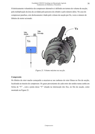 Faculdades UNICEN Tecnólogo em Mecanização Agrícola                      30
                                  Fundamentos de Hidráulica e Pneumática

O deslocamento volumétrico do compressor alternativo é definido em termos do volume da sucção,
pela multiplicação da área da cavidade pelo percurso do cilindro e pelo número deles. No caso do
compressor parafuso, este deslocamento é dado pelo volume da sucção por fio, vezes o número de
lóbulos do motor acionado.




                               Figura 21. Volume máximo na sucção.


Compressão
Os lóbulos do rotor macho começarão a encaixar-se nas ranhuras do rotor fêmea no fim da sucção,
localizada na traseira do compressor. Os gases provenientes de cada rotor são unidos numa cunha em
forma de “V” , com a ponta desse “V” situada na intersecção dos fios, no fim da sucção, como
mostrado na Figura 21.




                                             Compressores
 