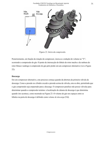 Faculdades UNICEN Tecnólogo em Mecanização Agrícola                      31
                                  Fundamentos de Hidráulica e Pneumática




                                  Figura 21. Início da compressão.


Posteriormente, em função da rotação do compressor, inicia-se a redução do volume no “V”,
ocorrendo a compressão do gás. O ponto de intersecção do lóbulo do rotor macho e da ranhura do
rotor fêmea é análogo à compressão do gás pelo pistão em um compressor alternativo (ver a Figura
22).


Descarga
Em um compressor alternativo, este processo começa quando da abertura da primeira válvula de
descarga. Como a pressão no cilindro excede a pressão acima da válvula, esta se abre, permitindo que
o gás comprimido seja empurrado para a descarga. O compressor parafuso não possui válvulas para
determinar quando a compressão termina: a localização da câmara de descarga é que determina
quando isto acontece, como mostrado na Figura 23. O volume do gás nos espaços entre os
lóbulos na porta de descarga é definido como volume de descarga (Vd).




                                             Compressores
 