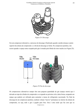 Faculdades UNICEN Tecnólogo em Mecanização Agrícola                     33
                                  Fundamentos de Hidráulica e Pneumática




                                         Figura 24. Descarga


Em um compressor alternativo, o processo de descarga é finalizado quando o pistão alcança o ponto
superior da câmara de compressão e a válvula de descarga se fecha. No compressor parafuso, isto
ocorre quando o espaço antes ocupado pelo gás é tomado pelo lóbulo do rotor macho (ver Figura 25).




                                     Figura 25.Fim da descarga.


Os compressores alternativos sempre têm uma pequena quantidade de gás (espaço morto) que é
deixado no topo do cilindro de compressão e se expande no próximo ciclo, desta forma, ocupando um
espaço que poderia ser utilizado para aumentar a massa de refrigerante succionado. No final da
descarga de um compressor parafuso, nenhum volume “nocivo” permanece no interior da câmara de
compressão, ou seja, todo o gás é jogado para fora. Esta é uma razão que faz com que os
                                             Compressores
 