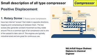 Md.Arifull Hoque Shaheen
Diploma In chemical
Engineer
Positive Displacement
1. Rotary Screw : Rotary screw compressors
have two internal “screws” that rotate in opposite directions,
trapping and compressing air between them. The two
screws also generate constant movement as they rotate
around.This is a common type of air compressor and is one
of the easiest to take care of. The engines are typically
industrial-sized and are great for continuous use.
Small description of all type compressor Compressor
 