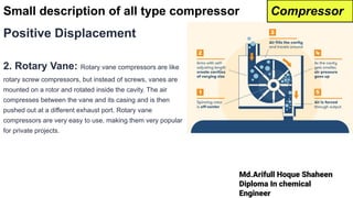 Md.Arifull Hoque Shaheen
Diploma In chemical
Engineer
Positive Displacement
2. Rotary Vane: Rotary vane compressors are like
rotary screw compressors, but instead of screws, vanes are
mounted on a rotor and rotated inside the cavity. The air
compresses between the vane and its casing and is then
pushed out at a different exhaust port. Rotary vane
compressors are very easy to use, making them very popular
for private projects.
Small description of all type compressor Compressor
 