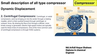 Md.Arifull Hoque Shaheen
Diploma In chemical
Engineer
Small description of all type compressor Compressor
Dynamic Displacement
2. Centrifugal Compressors: Centrifugal, or radial
compressors, work by bringing air into the center through a rotating
impeller, which is then pushed forward through centrifugal, or
outward, force. By slowing the flow of air through a diffuser, more
kinetic energy is generated. Electric high-speed motors are typically
used for these kinds of compressors. One of the more common uses
of centrifugal compressors is through HVAC systems.
 