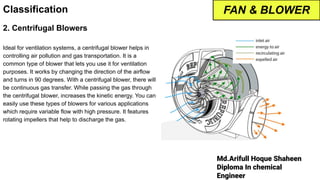 Md.Arifull Hoque Shaheen
Diploma In chemical
Engineer
Classification
2. Centrifugal Blowers
Ideal for ventilation systems, a centrifugal blower helps in
controlling air pollution and gas transportation. It is a
common type of blower that lets you use it for ventilation
purposes. It works by changing the direction of the airflow
and turns in 90 degrees. With a centrifugal blower, there will
be continuous gas transfer. While passing the gas through
the centrifugal blower, increases the kinetic energy. You can
easily use these types of blowers for various applications
which require variable flow with high pressure. It features
rotating impellers that help to discharge the gas.
FAN & BLOWER
 