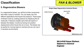 Md.Arifull Hoque Shaheen
Diploma In chemical
Engineer
Classification
5. Regenerative Blowers
In a regenerative blower, you will find oil-free components
that make it easy to maintain. You can easily use it for
different applications that require low pressure. These types
of blowers work by creating pressure by displacing the air
molecules. It features impeller spins that will capture in
between the blades. It works by having non-positive
displacement which forces the air to move. The blower can
be perfect for moving large air volumes and you can use it
in sensitive environments.
FAN & BLOWER
 