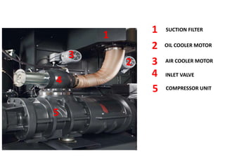 OIL COOLER MOTOR
INLET VALVE
SUCTION FILTER
2
3
1
5
4
AIR COOLER MOTOR
1
2
3
4
5 COMPRESSOR UNIT
 