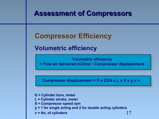 17
Volumetric efficiency
D = Cylinder bore, meter
L = Cylinder stroke, meter
S = Compressor speed rpm
χ = 1 for single acting and 2 for double acting cylinders
n = No. of cylinders
Compressor Efficiency
Assessment of CompressorsAssessment of Compressors
Volumetric efficiency
= Free air delivered m3/min / Compressor displacement
Compressor displacement = Π x D2/4 x L x S x χ x n
 