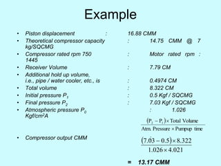 Example
• Piston displacement : 16.88 CMM
• Theoretical compressor capacity : 14.75 CMM @ 7
kg/SQCMG
• Compressor rated rpm 750 : Motor rated rpm :
1445
• Receiver Volume : 7.79 CM
• Additional hold up volume,
i.e., pipe / water cooler, etc., is : 0.4974 CM
• Total volume : 8.322 CM
• Initial pressure P1 : 0.5 Kgf / SQCMG
• Final pressure P2 : 7.03 Kgf / SQCMG
• Atmospheric pressure P0 : 1.026
Kgf/cm2A
• Compressor output CMM :
 
time
Pumpup
Pressure
Atm.
Volume
Total
P
P 1
2



 
4.021
.026
1
8.322
5
.
0
03
.
7



= 13.17 CMM
 