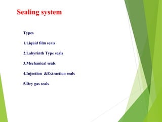 Sealing system
Types
1.Liquid film seals
2.Labyrinth Type seals
3.Mechanical seals
4.Injection &Extraction seals
5.Dry gas seals
 